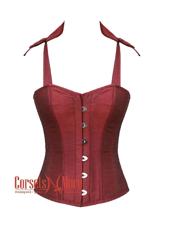 corset with layered links-Plus Size Maroon Silk Corset Overbust Bustier with Shoulder Straps Bodice Top