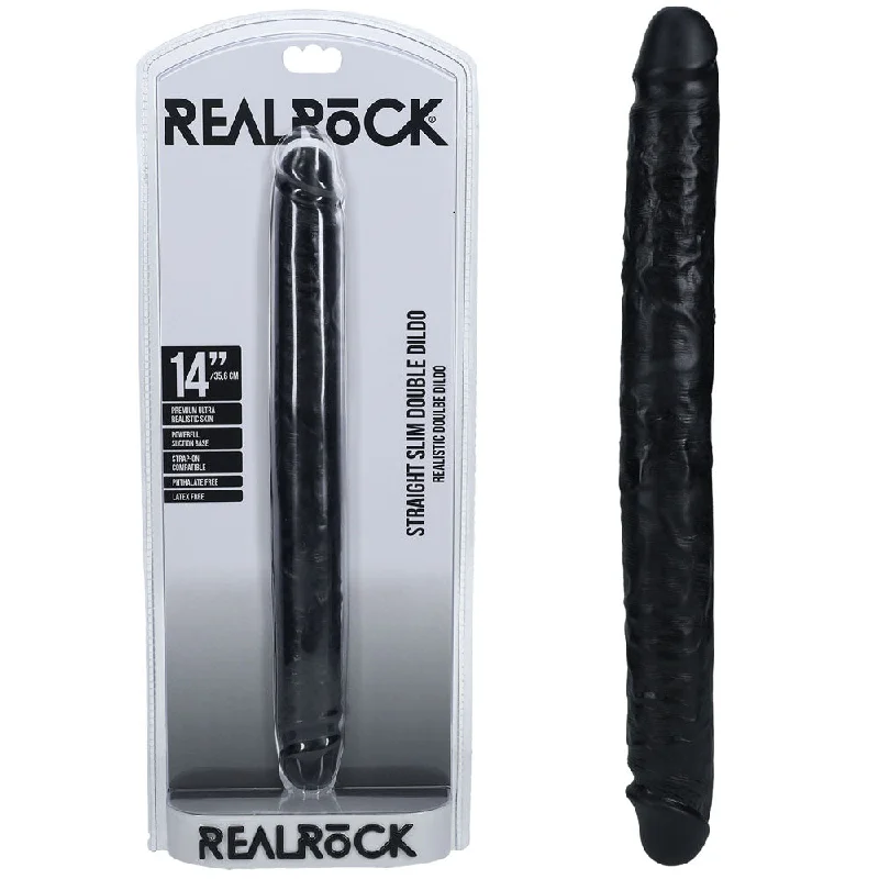 Tight Squeeze Masturbator-REALROCK 35cm Slim Double Dildo - Black