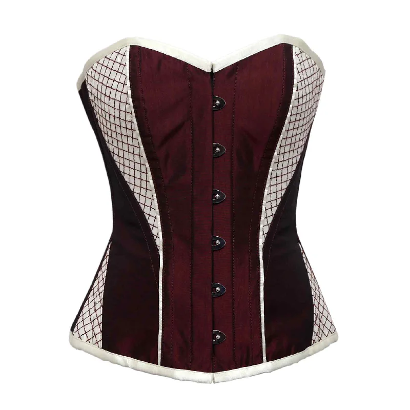 corset with side ribbons-Puerto Burgundy Maroon Cream Embroidery Taffeta Overbust Corset