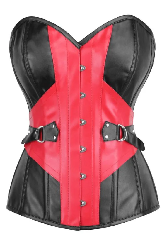 corset with scalloped curls-Bertrand Black & Red Faux Leather Corset With Buckle Details