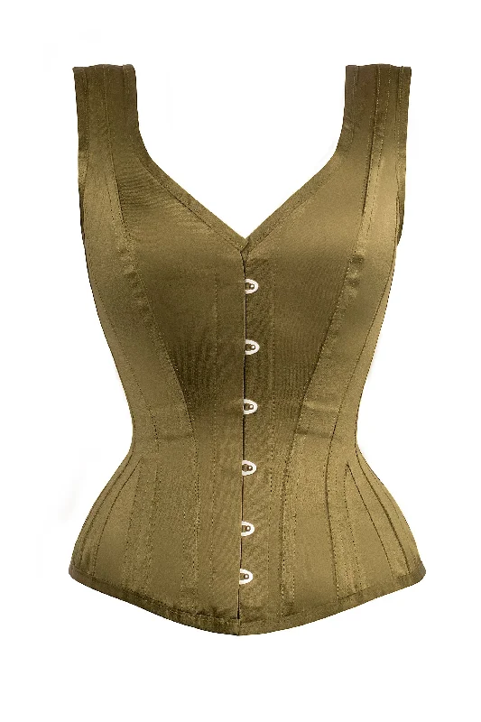 corset for body ribbons-Inis Overbust Olive  Satin Steel Boned Corset With Straps