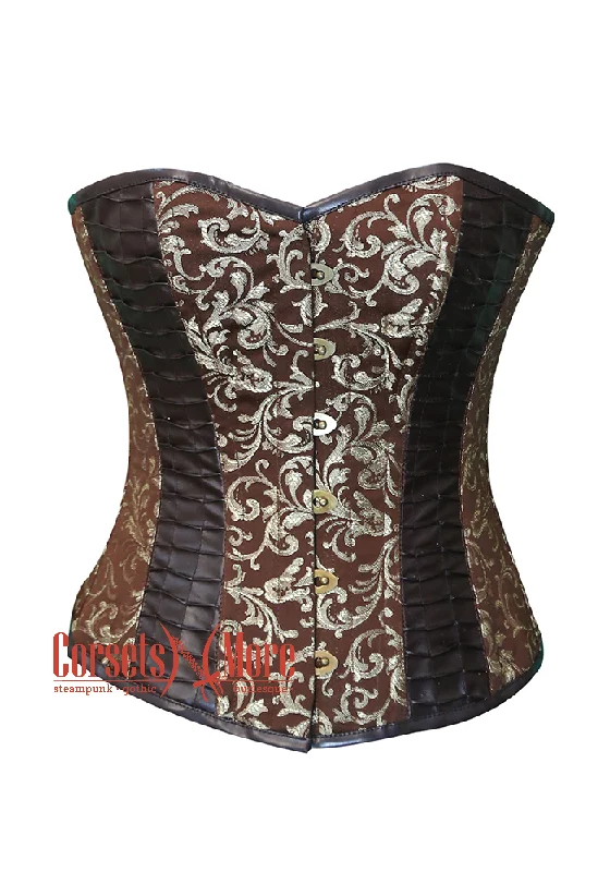 corset for alternative weaves-Plus Size Brown & Golden Brocade and Leather Corset Overbust Bustier Top