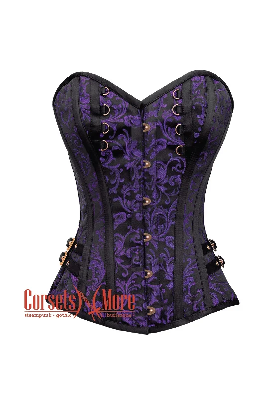 corset for body knots-Plus Size Purple and Black Brocade Overbust Corset Bustier Heart Top Costume