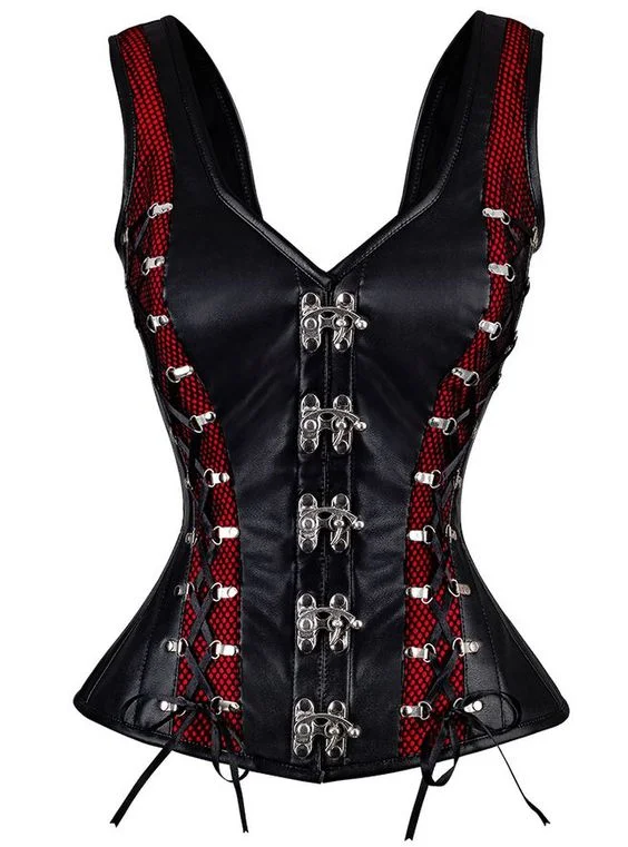 corset with lace loops-Janyse Faux Leather Shoulder Straps Overbust Corset