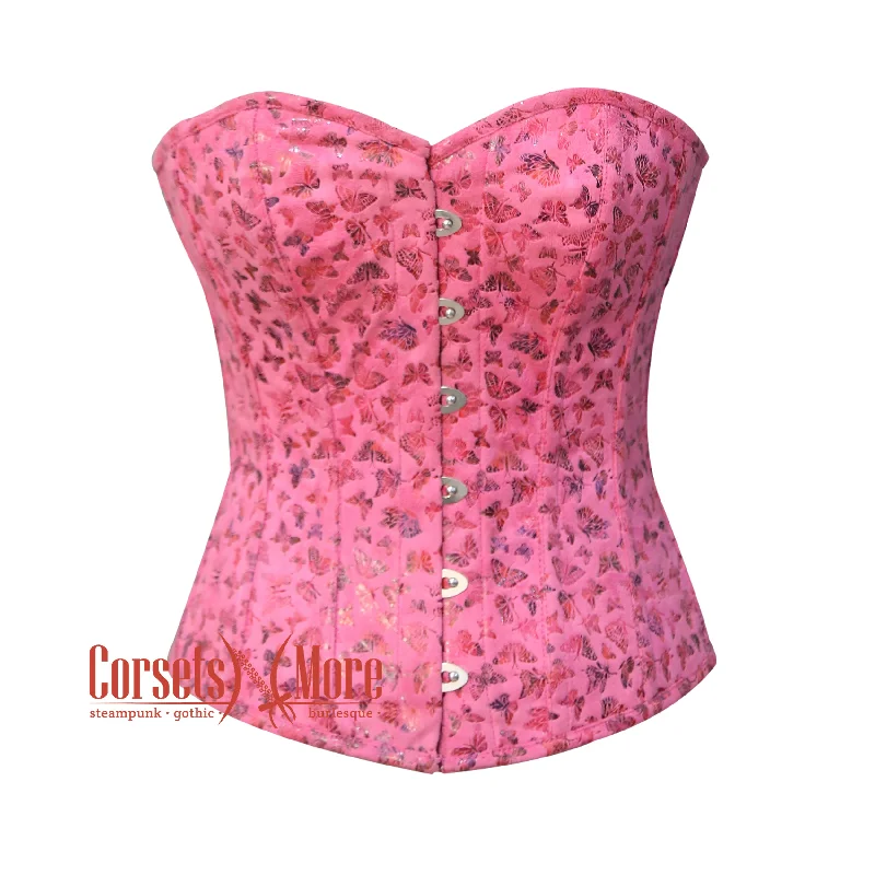 corset for gothic chains-Plus Size Pink Butterfly Printed Soft Leather Overbust Bustier Waist Training Corset