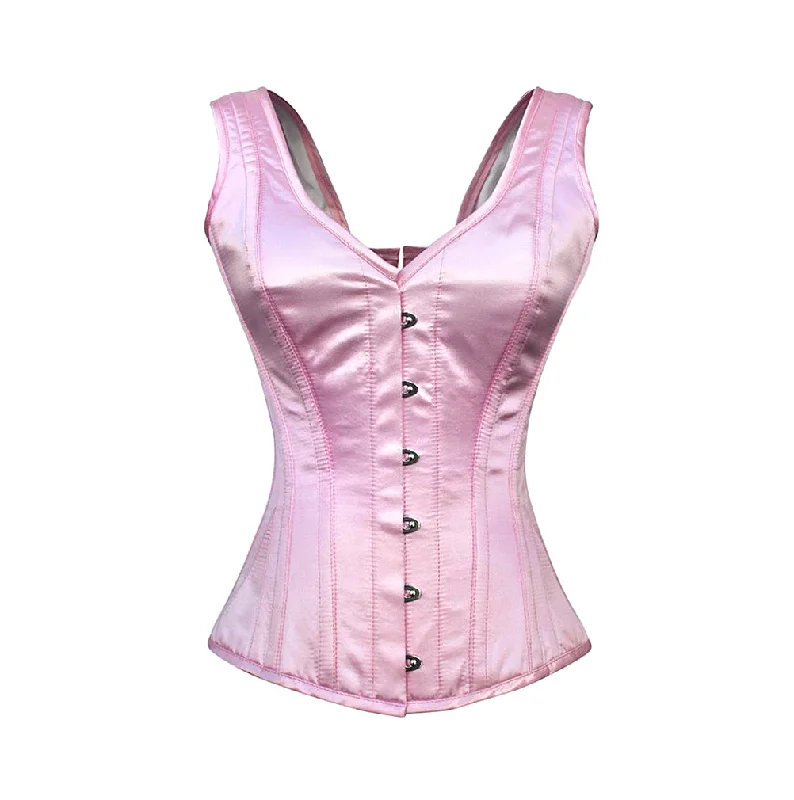 corset for vintage chains-Pelkey Pink Satin Shoulder Straps Overbust Steel Boned Corset