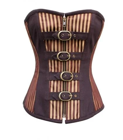 corset for fashion loops-Gebbelta Striped Brown Underbust Corset With Buckles