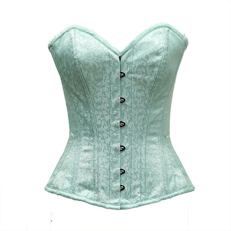 corset with embroidered strands-Tikner Light Sea Green Satin Brocade Overbust Corset