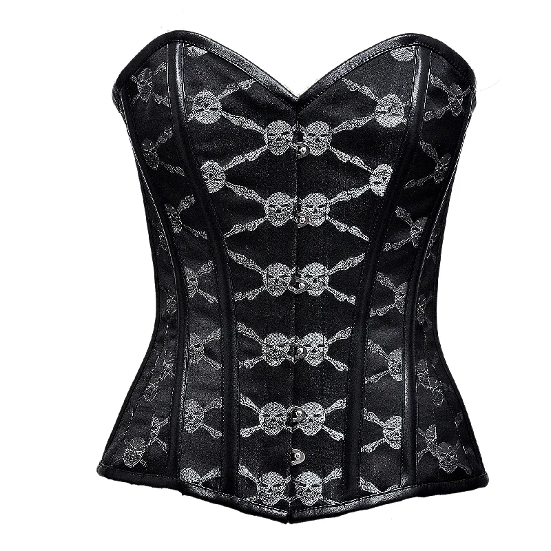 corset with velvet loops-Hop Silver Skull Brocade Overbust Corset