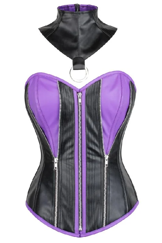 corset for vintage curls-Champman Black & Purple Faux Leather Overbust Corset With Choker