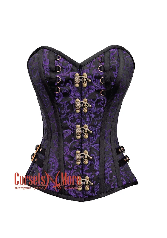 corset with sheer weaves-Plus Size Purple and Black Brocade Overbust Corset Bustier Heart Top Costume