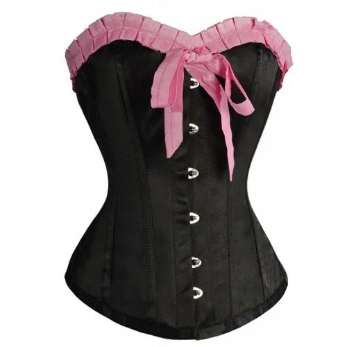 corset for vintage braids-Albertina Black Satin Overbust Corset With Pink Frill