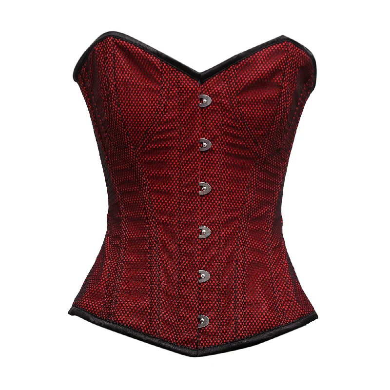 corset with structured ties-Lebron Red Cotton Twill With Mesh Overlay Overbust Corset