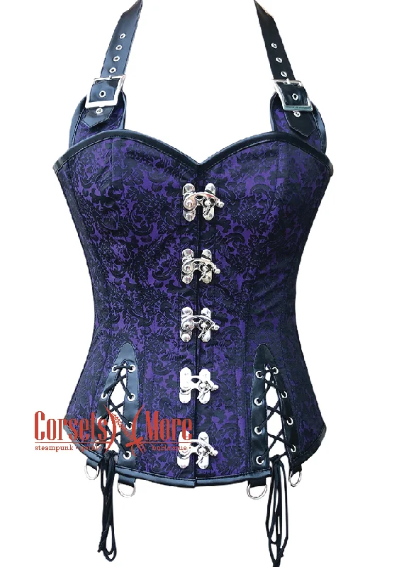 corset with sheer cords-Plus Size Purple Black Brocade Black Leather Belts halter Neck Overbust Sexy Corset