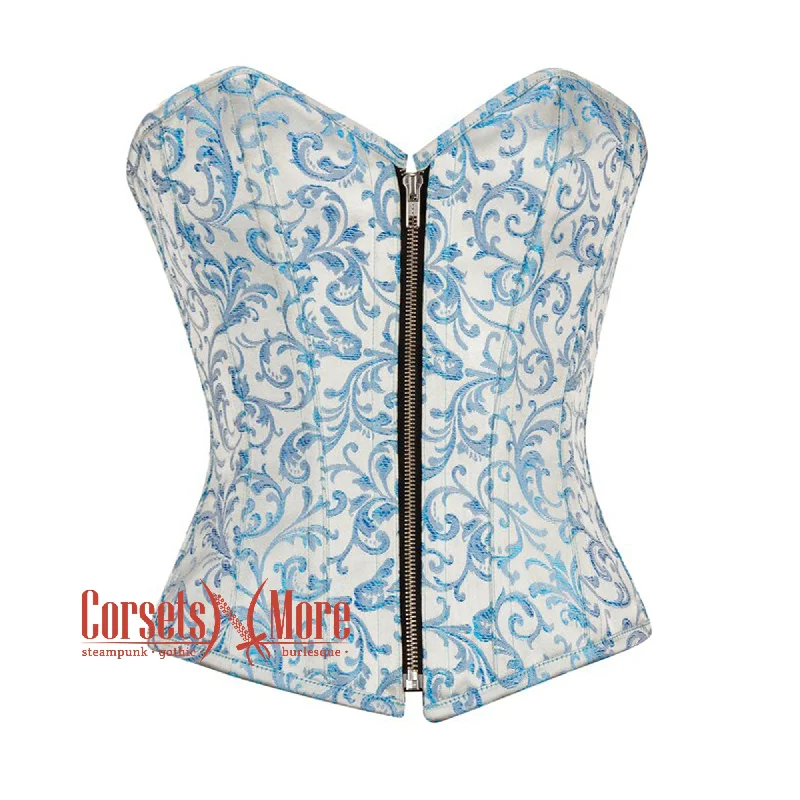 corset for club knots-Plus Size Blue And White Brocade Front Zipper Gothic Overbust Corset Bustier Waist Cincher