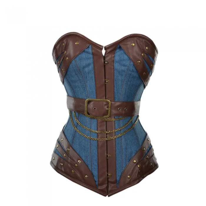 corset with velvet curls-Harnock Denim Overbust Corset With Brown Faux Leather Buckle Detail