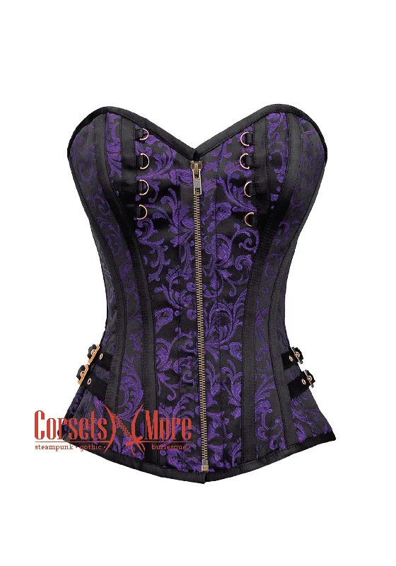 corset for burlesque knots-Plus Size Purple and Black Brocade Overbust Corset Bustier Heart Top Costume