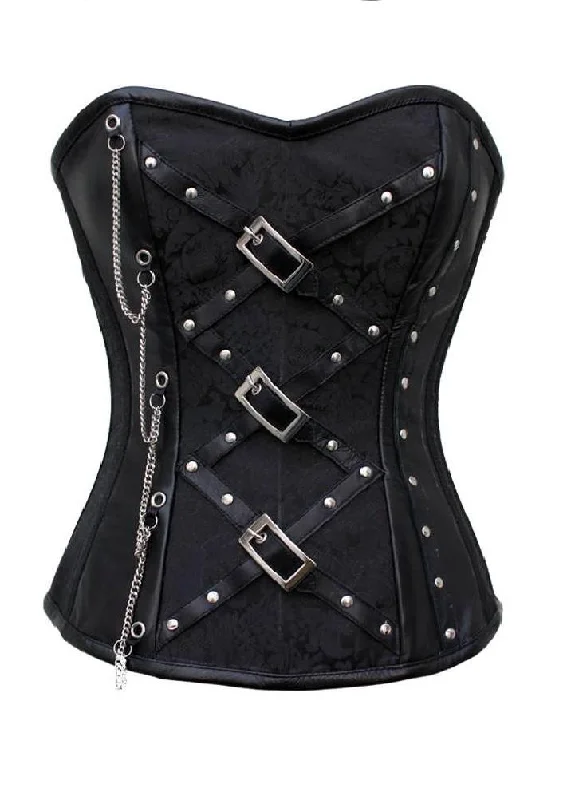 corset with scalloped links-Plus Size Black Brocade Zigzag Leather Straps Overbust Corset Waist Training Top