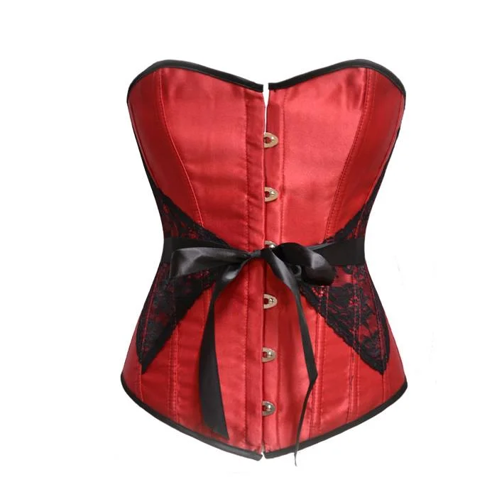 corset with plunging ribbons-Marlo Red Corset With Lace Overlay & Ribbon Belt