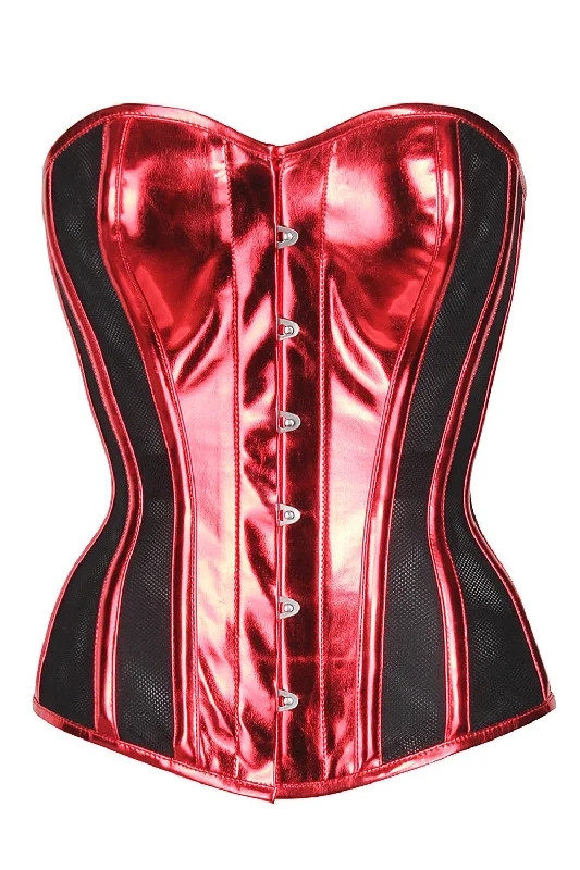 corset with satin knots-Shams Red PVC & Black Mesh Panelled Overbust Corset