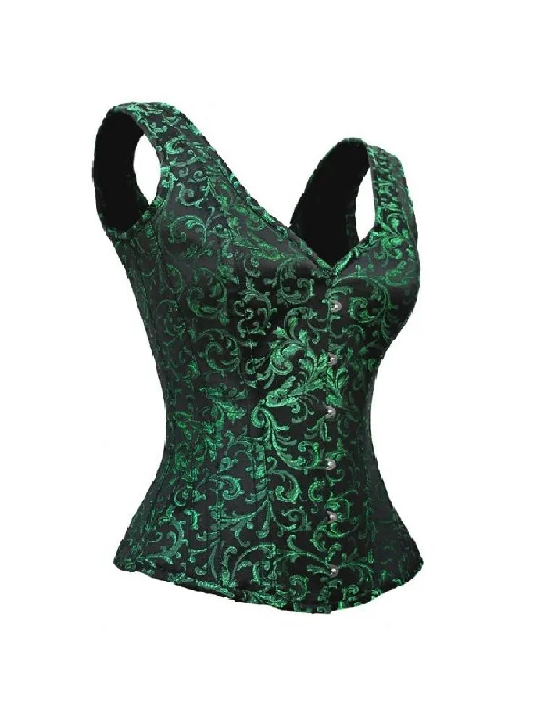 corset for vintage links-Plus Size Green Black Brocade Shoulder Strap Overbust Corset Waist Training Burlesque Mardi Gras Costume