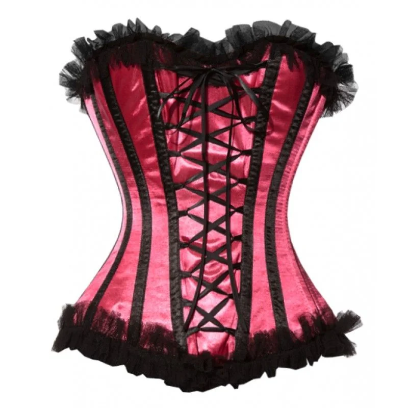 corset with studded braids-Brunilda Magenta Corset with Black Tulle Trim and Criss Cross Ribbon