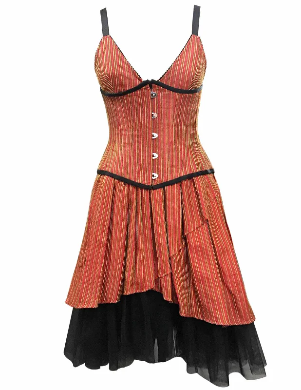 corset with embroidered ribbons-Amblin Orange Taffeta With Yellow Green Stripe Underbust Corset