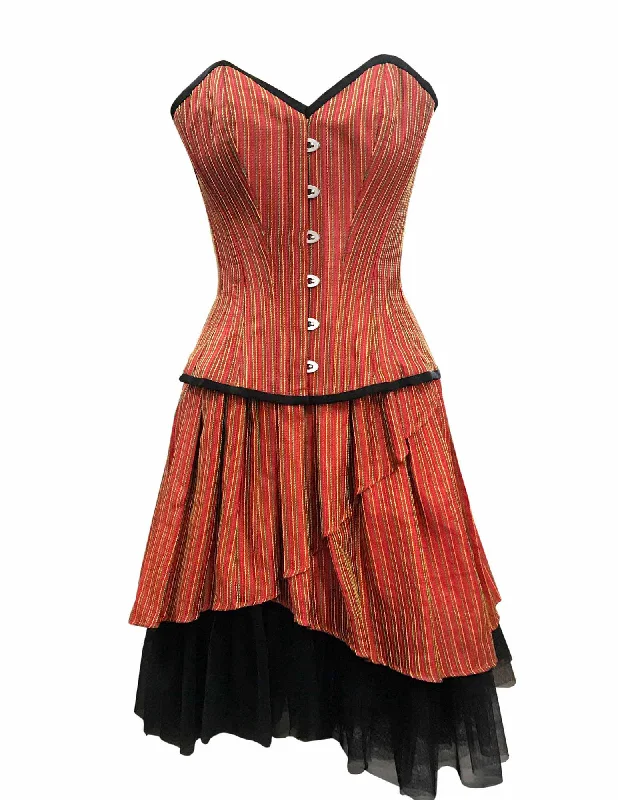 corset with metallic ribbons-Leach Orange Taffeta With Yellow Green Stripe Overbust Corset