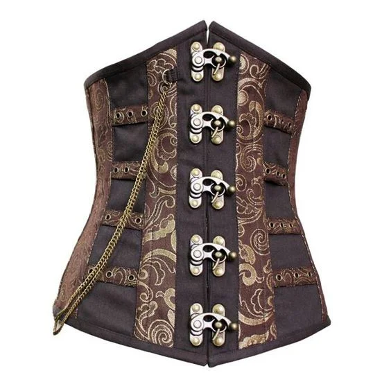 corset with lace bows-Killsman Coffee Gold Steel Boned Underbust Corset