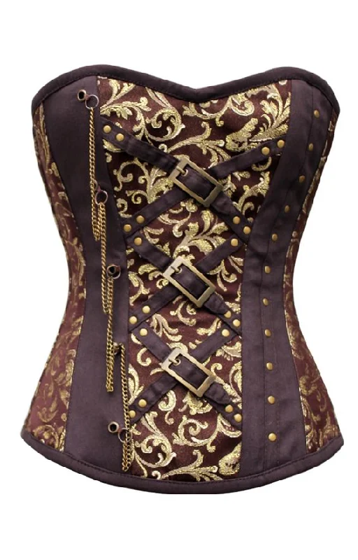 corset with side loops-Kinko Coffee Gold Brocade Corset With Chain