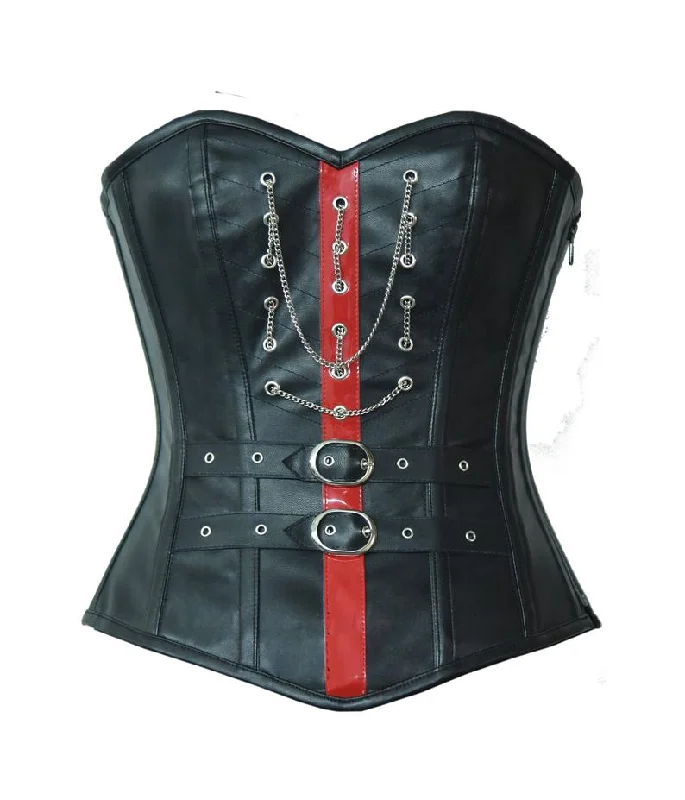 corset for gothic weaves-Chiesa Black Leather Overbust Corset With Red PVC Stripe