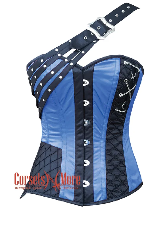 corset with lace links-Plus Size Blue and Black Satin Gothic Steampunk Costume Overbust Bustier Top