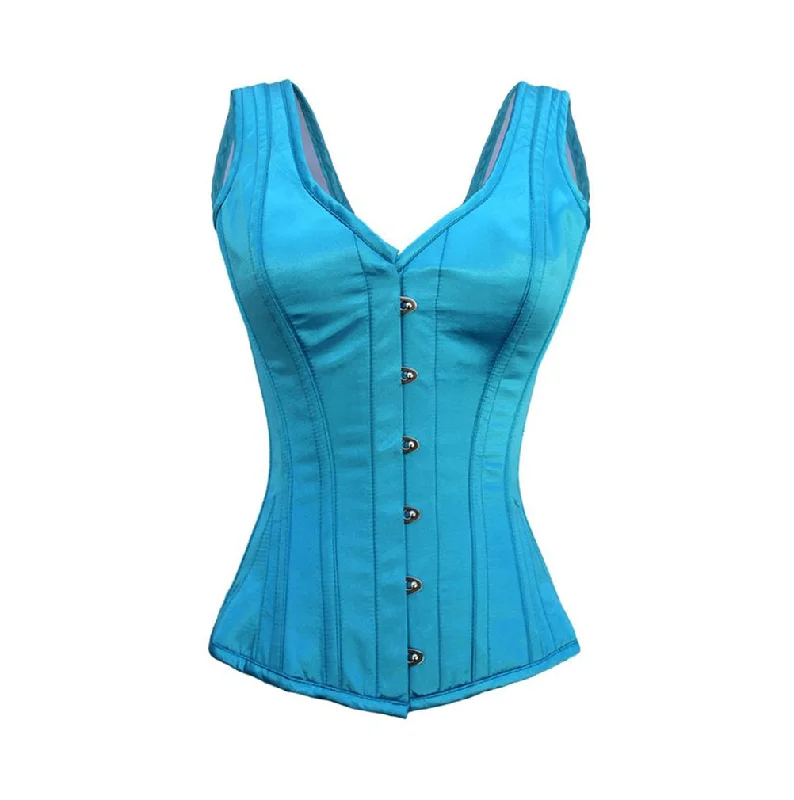 corset with studded chains-Flanagan Turquosie Satin Shoulder Straps Overbust Corset