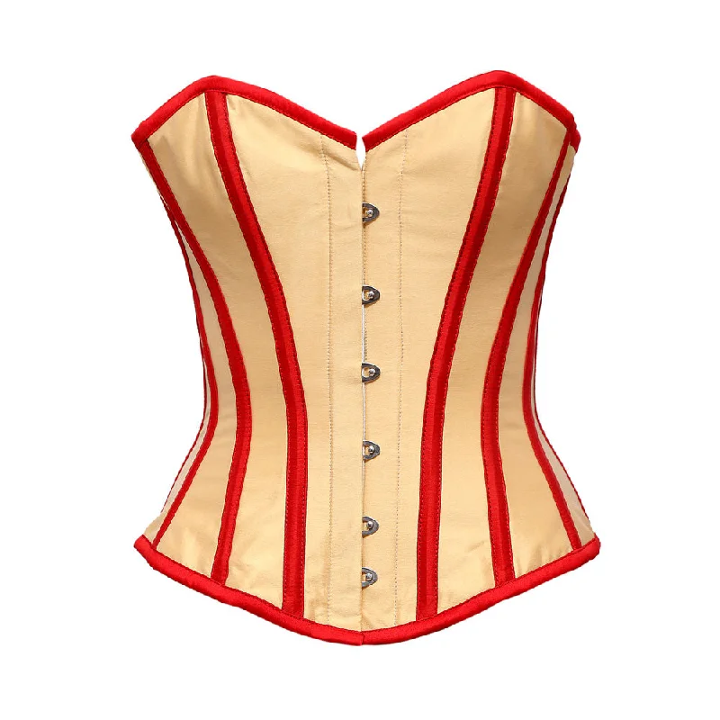 corset for club curls-Chilwel Beige Taffeta Overbust Corset With Red Taffeta Trim