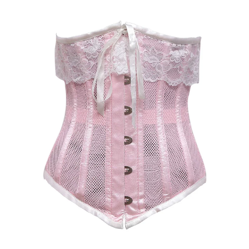 corset for vintage ribbons-Jil Baby Pink Mesh & White Satin Lace Underbust Corset