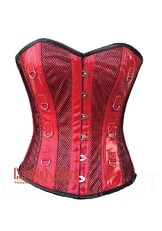 corset with flared links-Plus Size Red PVC Black Net Halloween Costume Overbust Heart Corset Top