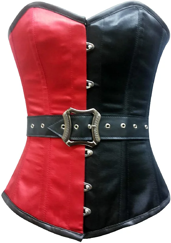 corset with plunging knots-Traore Red & Black Satin Steampunk Overbust Corset With Belt