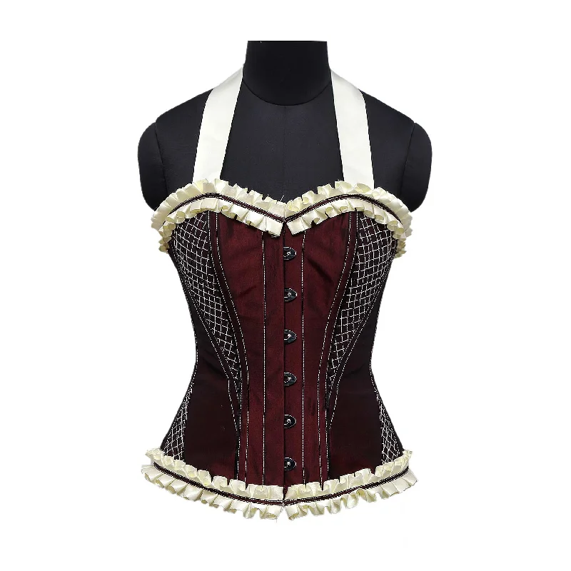 corset for historical loops-Stones Burgundy Maroon Embroidery Taffeta Strap Overbust Corset