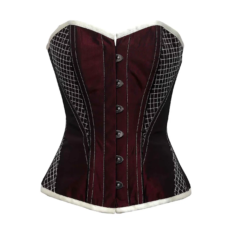 corset for festival ribbons-Gillio Burgundy Embrodiery Taffeta Steel Boned Overbust Corset