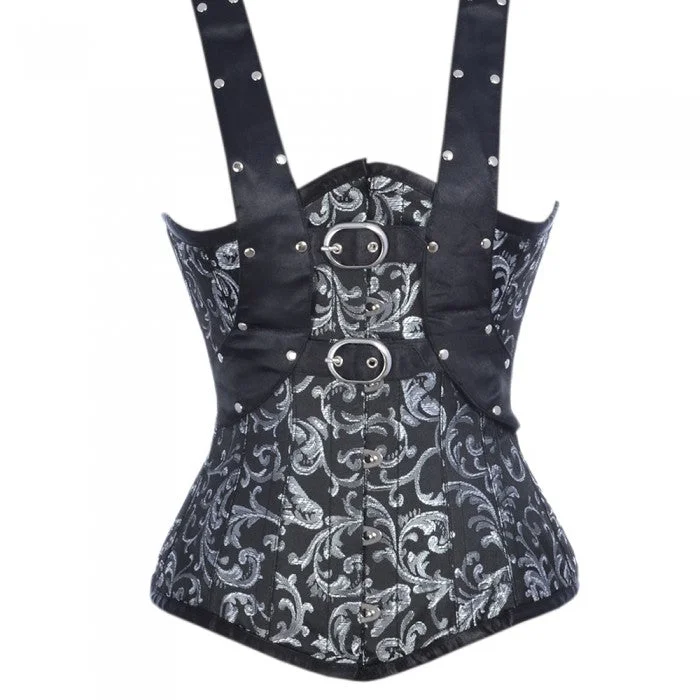 corset with metallic strands-Bux Silver Brocade Underbust With Black Shoulder Straps