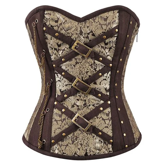 corset for festival loops-Kurt Coffee Gold Brocade Corset With Chain