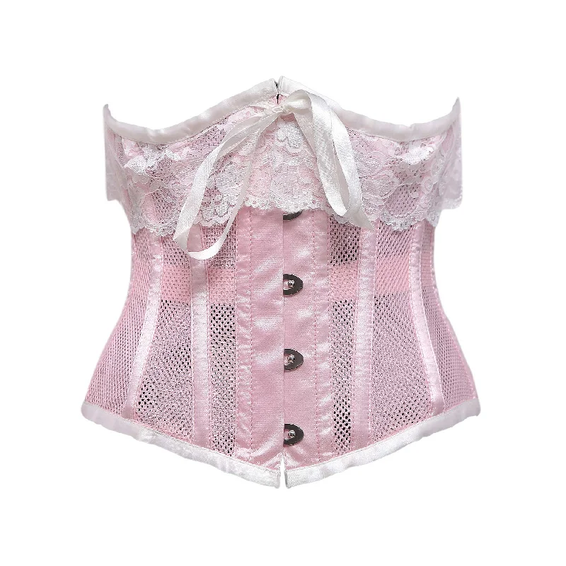 corset for bridal ribbons-Silva Baby Pink Mesh & White Satin Lace Underbust Corset