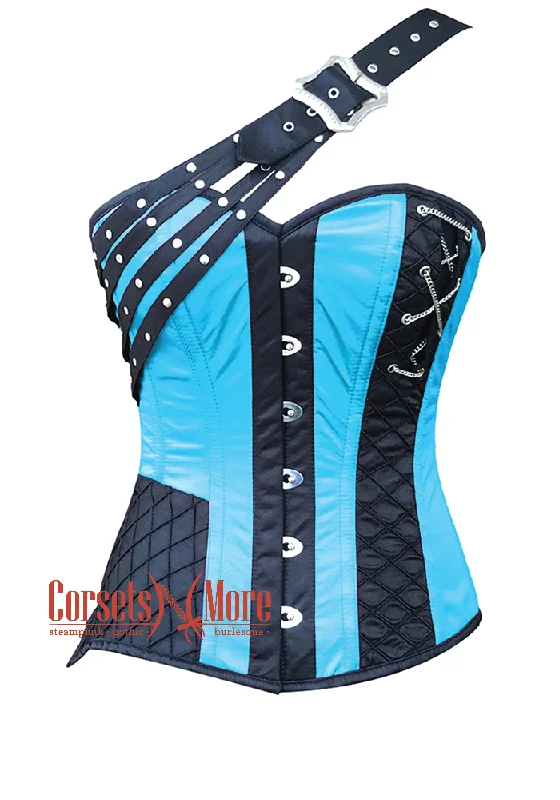 corset with leather links-Plus Size Baby Blue and Black Satin Gothic Steampunk Costume Overbust Bustier Top