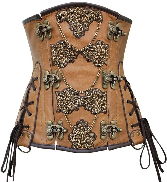 corset with satin loops-Neville Embroidered Crunch Leather Underbust Corset