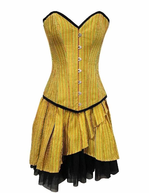 corset with satin ribbons-Rafali Mustard Red Green Stripe Taffeta Overbust Corset