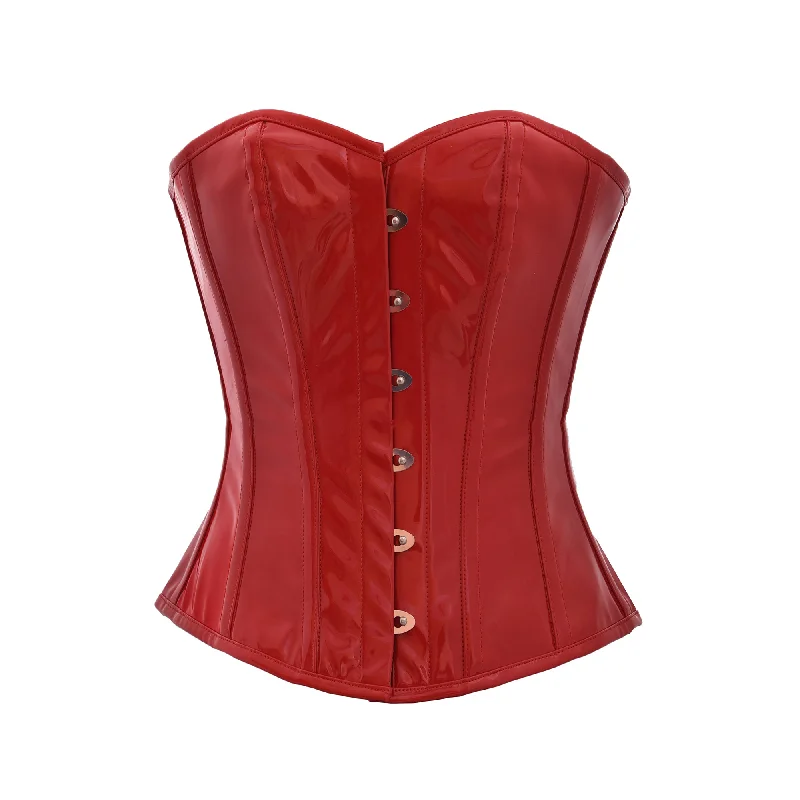 corset with halter links-Plus Size Red PVC Faux Leather Gothic Steampunk Bustier Waist Training Overbust Corset Costume