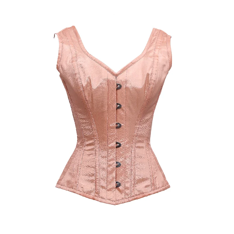 corset for burlesque ribbons-Bruno Peach Taffeta Shoulder Straps Overbust Corset