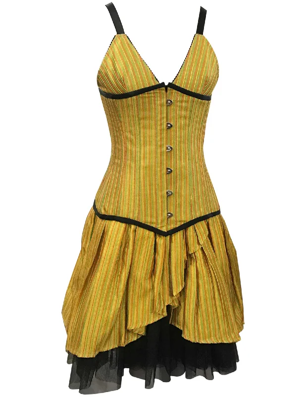 corset with lace ribbons-Ligt Mustard Red Green Stripe Taffeta Underbust Corset