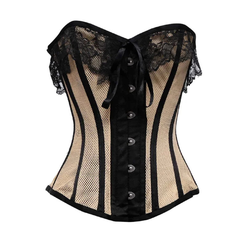 corset for gothic ties-Kavil Beige Mesh & Black Satin Lace Overbust Corset