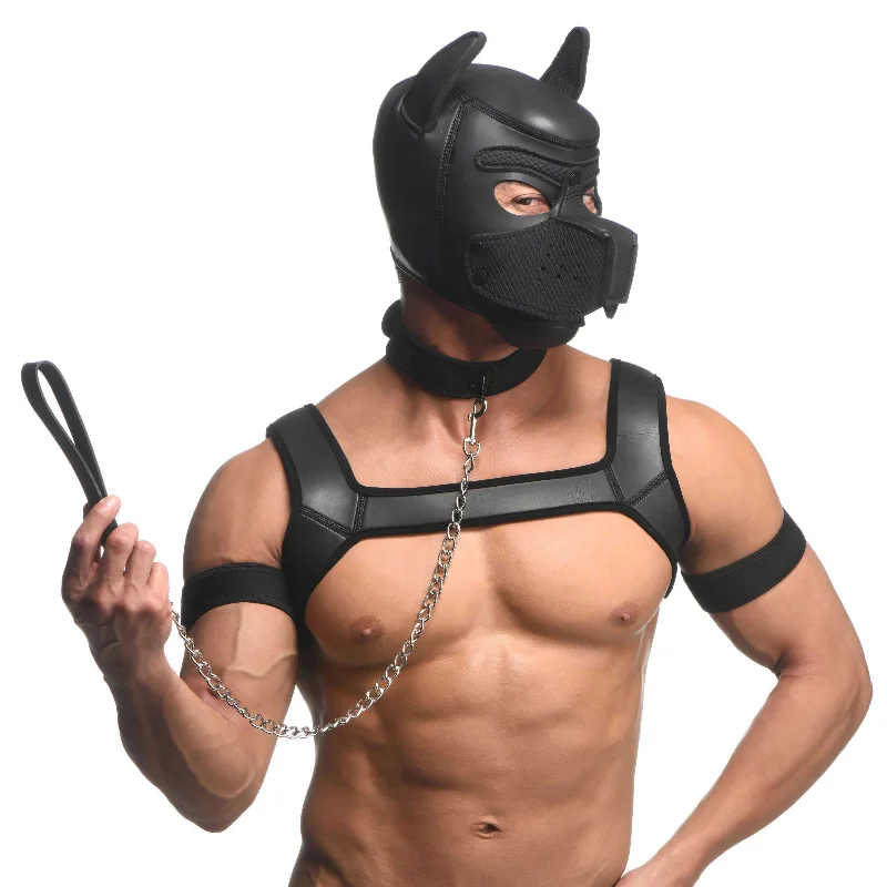 Full Pup Arsenal Set Neoprene Puppy Hood, Chest  Harness, Collar With Leash and Arm Band - Black